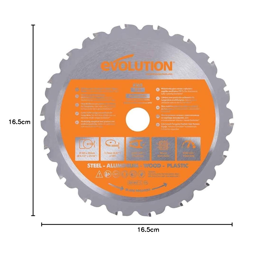 Evolution Power Tools R165TCT-18CS (Rage) wielofunkcyjne ostrze TCT tnie drewno, metal i plastik, 165 mm