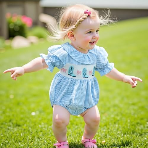 Kupretty Baby Girl Embroidery Smocked Romper Plaid Short Puff Sleeve Ruffle Collar Gingham Bubbles Playsuit Summer Clothes2