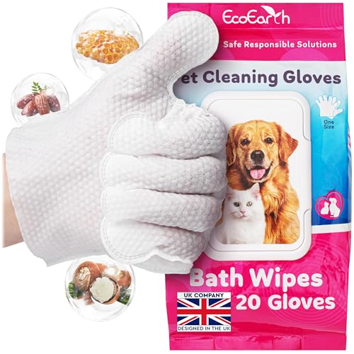 Premium Pet Cleaning Gloves for Dogs & Cats - 1 Bag of 20 Pcs - Disposable Glove Wipes for Bathing Deodorising & Grooming - Dog Bath Mitts for Paws Fur Face & Butt - Hypoallergenic + Lick Safe
