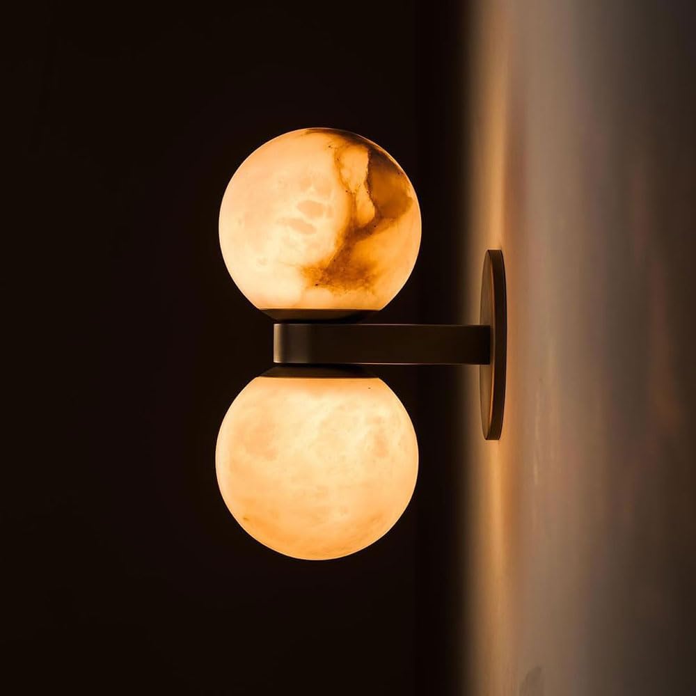 GUOGUOSM G9 Screw 2-Light Wall Sconce, Medieval Industrial Style Natural Alabaster Wall Lamp, 9.8in Marble Copper Wall Light, Bedside Dressing Table Corridor Decorative Lighting Fixtures