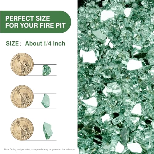 NUPICK 5 Pound Fire Glass, 1/4 Inch Reflective Fire Pit Glass, Tempered Firepit Glass Rock for Propane or Natural Gas, Glass Rocks for Fire Pit Table, Fireplace Glass for Landscaping, Green
