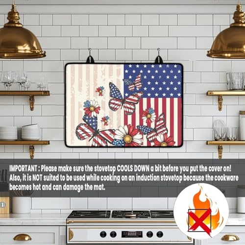 Image of Poceacles 4th of July Patriotic Stove Top Cover Stove Burner Cover Multipurpose Rubber Desk Saver Pad Washer Dryer Top Mat for 250th Independence Day Decor, American Flag Butterfly