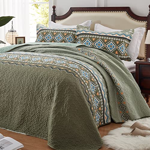 LEAONME 2 Pieces Twin Size Quilt Set Olive Green Bohemian Bedspread Coverlet Lightweight Microfiber Bedding Set 68x86 Inch Bed Cover for All Seasons (1 Quilt, 1 Pillow Sham)