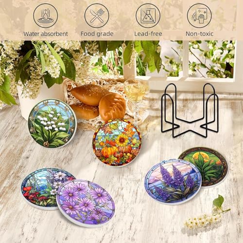 Image of Coasters Set of 6 with Holder-4in Absorbent Wood Coaster-Plant Flowers Style for Tabletop Protection Drink Coasters-Coffee Bar Accessories,Home Decor-Housewarming