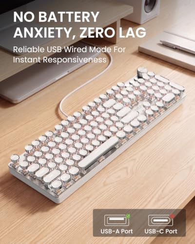 Image of EWEADN Typewriter Style Mechanical Gaming Keyboard, Wired Mechanical Keyboards,104 Keys Backlit LED Keyboards, Media Control Knob, Wired Computer Keyboard Pink Switch for Windows /Mac /PC-White