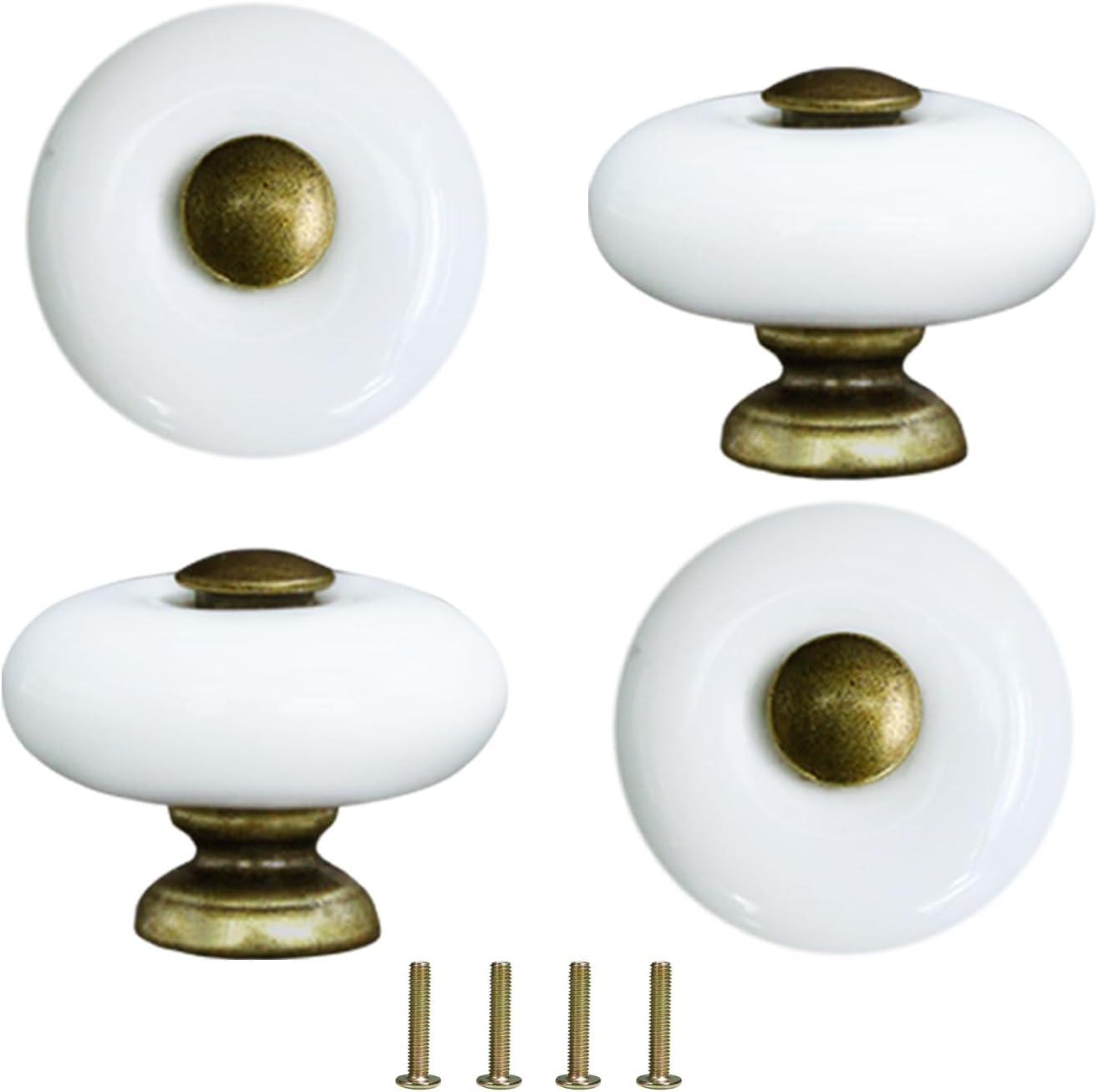 1.3" Ceramic Round Knobs, Antique Brass and Ceramic Cabinet Knobs, White Furniture Knobs, Single Hole Drawer Handle Pulls for Drawer Closet Dresser Cupboard Wardrobe Door Kitchen, 4Pcs