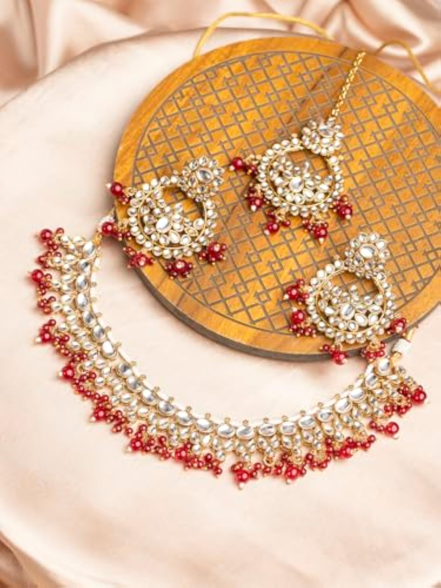 Gold Plated Kundan Red Beaded Jewellery Set with Maangtika