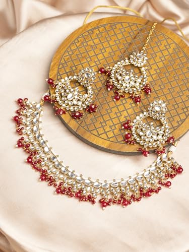 Gold Plated Kundan Red Beaded Jewellery Set with Maangtika