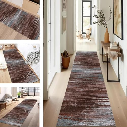 Alfombra de pasillo abstracta de 100 x 120 cm, color marrón gris y azul, antideslizante, lavable, tapete antiincrustante para cocina, entrada, sala de estar y escalera