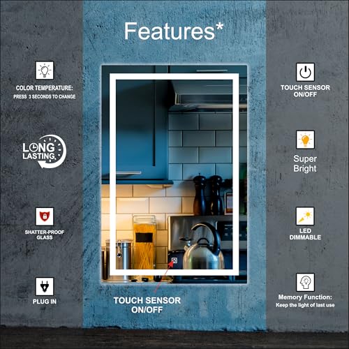 Image of Creative Arts n Frames LED Wall Mount HD Mirror with 3 Color Light Tone for Home Wall Living Room Bedroom Bathroom Hotel Decor Items (18x24 inch Rectangle)