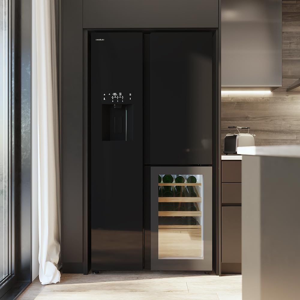 Cecotec Bolero CoolMarket TDW 529 WID Black Glass E 3-door refrigerator, wine cellar, 529L, Inverter Plus, Total No Frost, E, MultiAirFlow, Fast Cooling.
