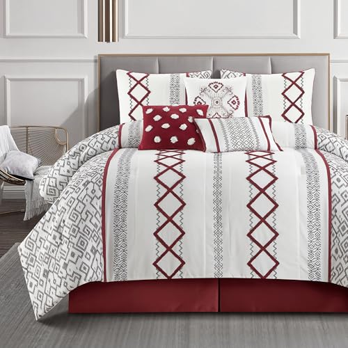 LANCO MODERN LIFESTYLE White Red Queen Comforter Set, 7 Pieces