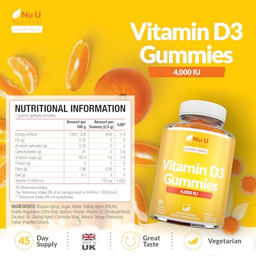 Vitamin D3 Gummies 4000IU Adults - 90 Vegetarian Gummies - Natural Orange Flavour - Chewable VIT D Gummy Supplement - Made in the UK - Nu U Nutrition - Image 2
