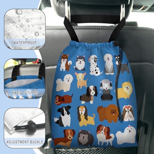 Image of Car Trash Bag Hanging Back of Seat Waterproof Small Cute Printed One-Handed Strap Drawstring Garbage Bags for Car-Cute Animal Dogs
