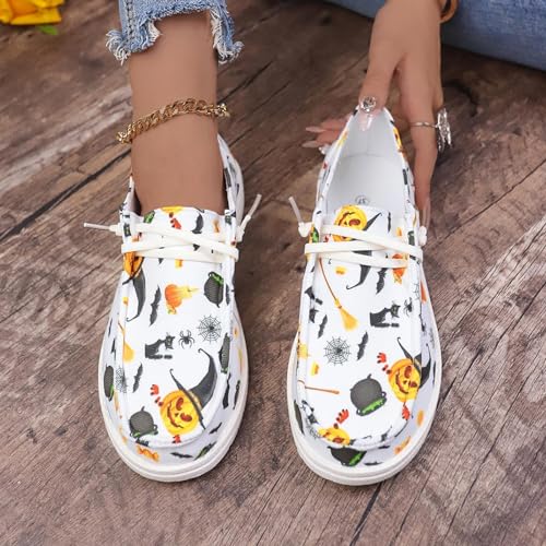 2025 Women Fashion Halloween Canvas Sneakers,Skeleton Pumpkin Printed Walking Shoes for Women,Casual Lace Up Low Top Comfortable Walking Canvas Sneakers Skeleton,Slip on Flats Pumpkin Shoes4