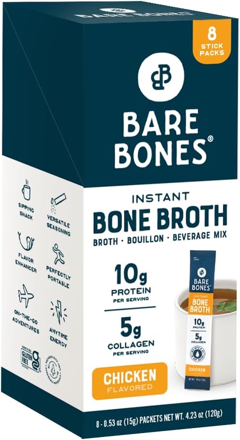 Bare Bones Chicken Bone Broth Instant Powdered Mix | Rich Savory Packets on-the-Go No Artificial Flavors | Keto & Paleo Friendly | 10g Protein | 8 Pack