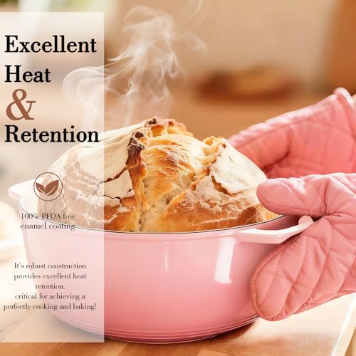 Image of Umite Chef 6QT Enameled Cast Iron Dutch Oven with Lid, Versatile Heavy-Duty Cookware Pot for Baking Bread, Braising, Soups & Stews, Oven & Stovetop Safe with Heat Resistant Gloves(Pink)