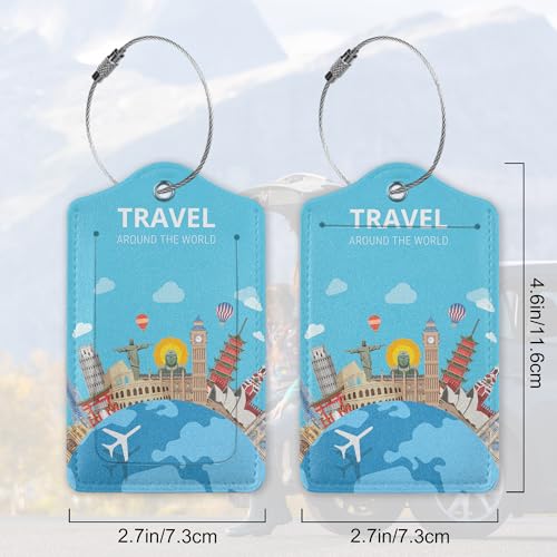 Travel Around The World 2 Pack Luggage Tag for Suitcase, Cute Unique Leather Bag Tags Identifiers Privacy Cover ID Label with Durable Steel Loop for Women Men Kids Girls Travel2