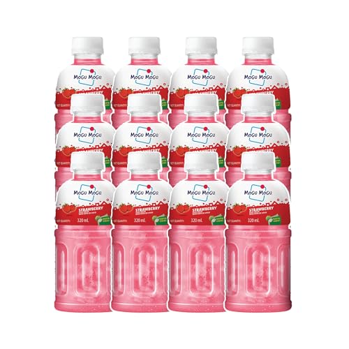 Image of Mogu Mogu Strawberry Juice Drink with Nata de Coco Jelly 320ml (Pack of 12)| Refreshing Tropical Thai-Made Sip & Chew Beverage.