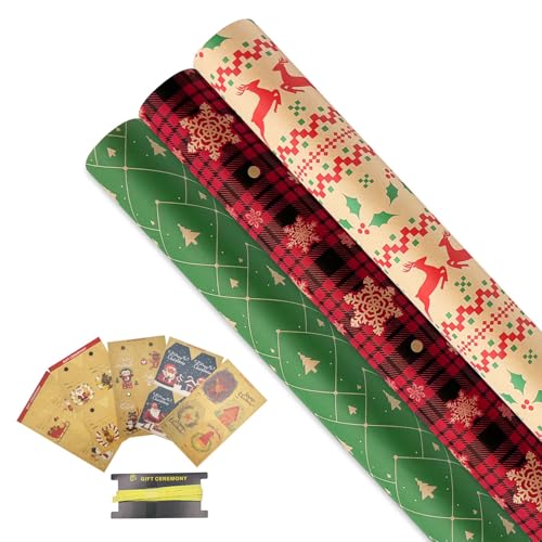 Kraft Geschenkpapierrollen: 3 Rollen Weihnachtsgeschenkpapier Bonus Geschenkanhänger und Band für Weihnachten, Geburtstag, Party, Hochzeit, Babyparty, Festival-Geschenkdekorationen