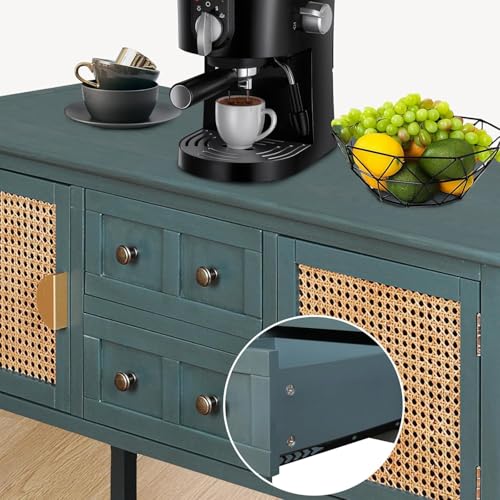 ElfinAura Entryway Table with 2 Drawers and Rattan Doors, Retro Console Table with Open Storage Shelf, Hallway Table Foyer Table for Entryway Living Room