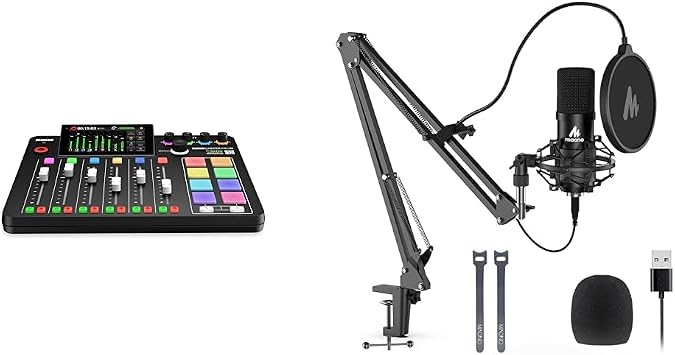 RDE RDECaster Pro II All-in-One Production Solution for Podcasting, Streaming & USB Microphone, MAONO 192KHZ/24Bit Plug & Play PC Computer Podcast Condenser Cardioid Metal Mic Kit