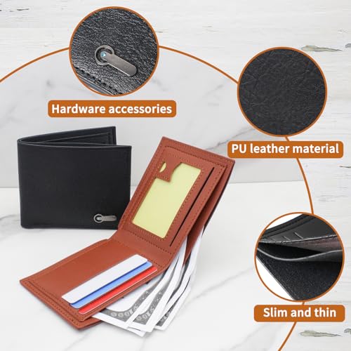 Bifold Wallets for Men, PU Leather Minimalist Wallet for Men with ID Window, Men's Slim Wallet for Gift (Black)2