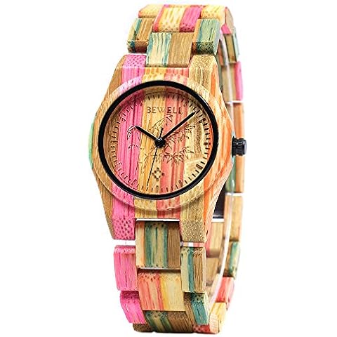 BEWELL Wooden Wrist Watches Women Men Analogue Quartz Movement Colorful Band Watch Bamboo Bracelet Round Lightweight Timepiece for Unisex Cover