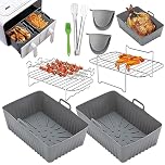 Silicone Air Fryer Liner,8 PCS Air Fryer Accessories for Tower Vortx T17100 Vizion Dual Basket,Air Fryer Racks,Oil Brush&Food Clip,Reusable Air Fryer Basket,Silicone Pot for Oven,Microwave,Grey