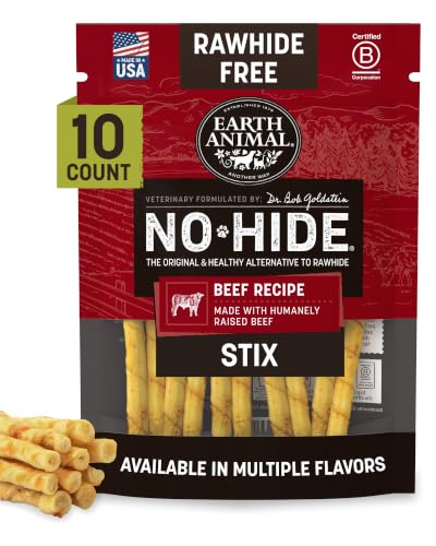 Earth Animal No Hide Stix - Rawhide Free Dog Chews Sticks 10 Count Beef | Small Sticks Beef Flavored Natural Rawhide Free Long Lasting Dog Chews - Treats for Small Dogs and Cats