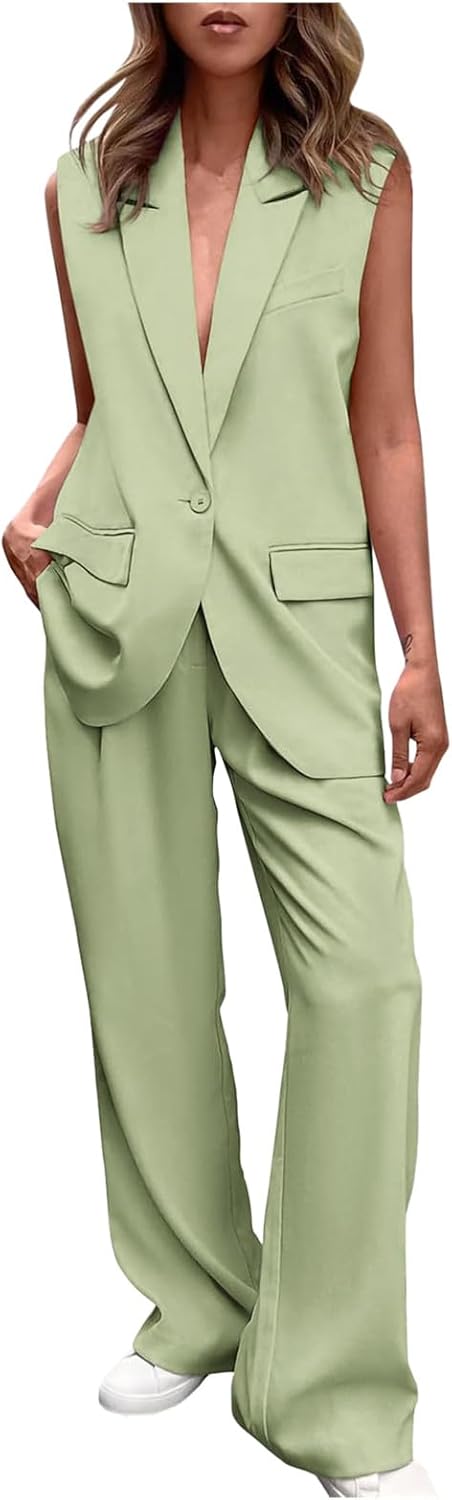 Blazer Sets Women 2 Piece Outfits Casual Sleeveless Suit V Neck Vest and Wide Leg Pants Business Blazer Sets