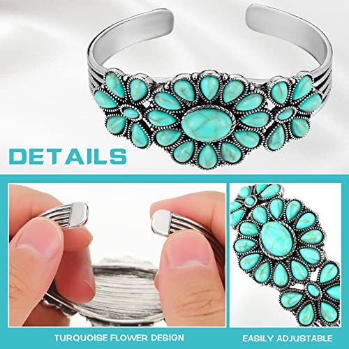 Bonuci Turquoise Bracelet Women Western Jewelry Retro Turquoise Stone Cuff Bracelet Adjustable Cluster Flower Silver Bangle for Women Party(Green) by Bonuci - Used condition - Image 3