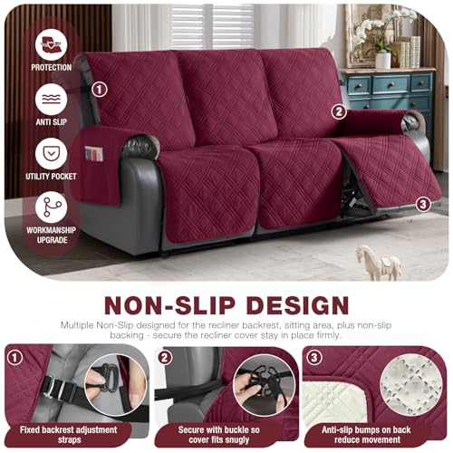 Image of TAOCOCO 100% Waterproof Recliner Sofa Covers 3 Seater, Split Couch Covers for Reclining Couches, Non Slip Reclining Couch Covers with Double Straps for Kids Pets(3 Seater, Wine)