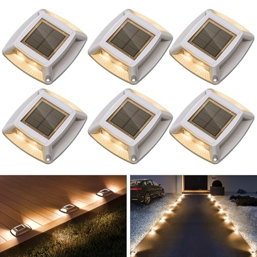 Solar Driveway Lights 6 Pack, Solar Powered IP68 Waterproof Dock Lights, 4 LED Driveway Markers Deck Light for Dock, Pathway, Walkway, Sidewalk, Garden, Yard, Stair, Marine Use (Warm)