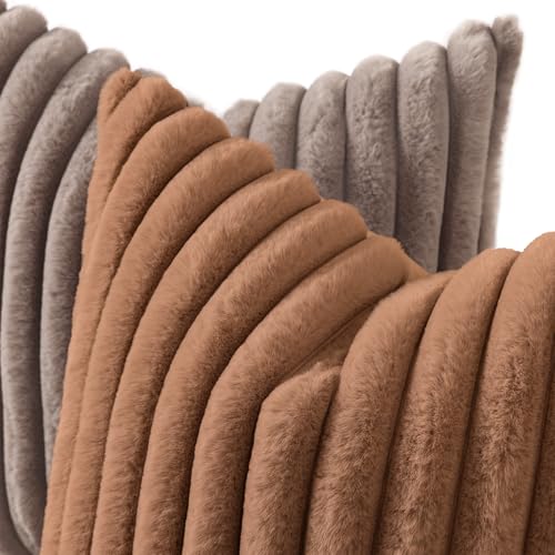 Image of decorUhome Fall Cozy Faux Fur Throw Pillow Covers 18x18 Set of 2 Decorative Soft Plush Striped Modern Farmhouse Boho Couch Pillow Cases with Velvet Back for Sofa Bed Living Room, Brown