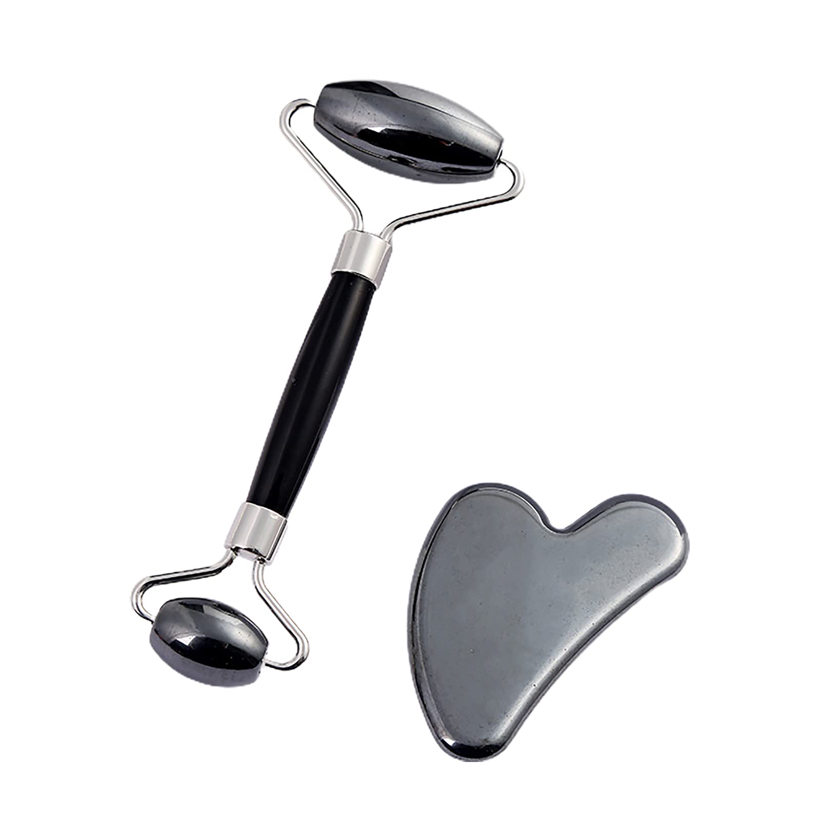 Goodliest Guasha Tool,  Facial  Massage Roller Shaping V Face Double Head Hematite Face Slimming  Beauty  Scraper for Skin  Beauty  Silver