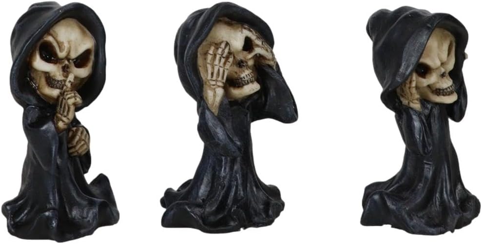 Ebros Gift Gothic Alchemy Necromancy Magic See Hear Speak No Evil Grim Reaper Skeleton Figurines Chibi Set of 3 Halloween Decor Ossuary Graveyard Macabre No Evils Skulls Skeletons Goth