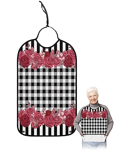 Valentines Roses Adult Bibs for Eating, Waterproof Bibs with Food Catcher & Adjustable Snap Closure, Pink Red Flower Black White Plaid Stripes Clothing Protectors Adult Bibs for Elderly Women/Men
