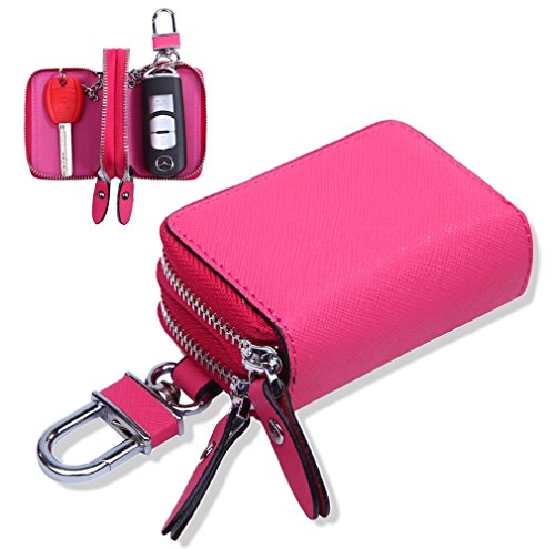 【Blume】ダブル ポケット レザー スマート キーケース 2つの鍵が収納 牛革 (ピンク)