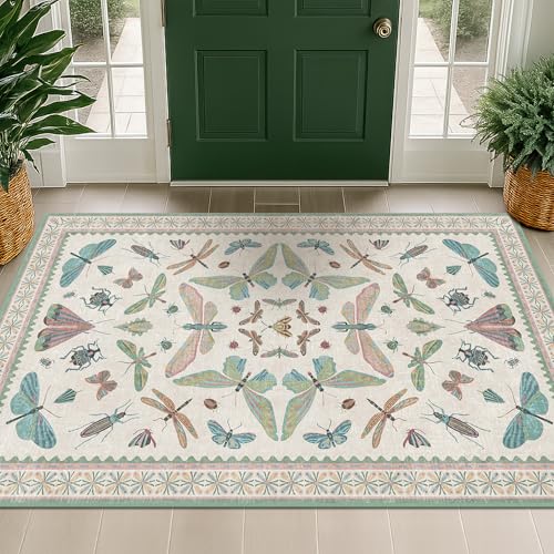 Image of Washable Sage Green Large Entryway Rug, 3x5 Area Rugs for Laundry Room, Kitchen, Bedroom, Dorm, Insect Print Vintage Floral Non-Slip Throw Rug Low Pile Stain Resistance
