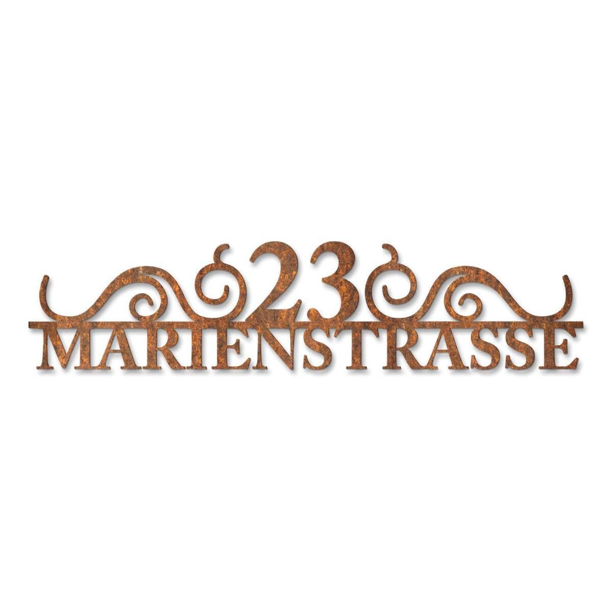 Metzler Hausnummer Rost, individueller Schriftzug Cortenstahl, Hausnummernschild, Wunschstraßenname und Hausnummer, 3D-Effekt & Wetterfest, Made in Germany, Länge: 380 mm