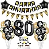🎈 80 años cumpleaños decoración negro / oro conjunto: 1 conjunto 32inch número 80 globo de papel de aluminio, 1 bandera Happy Birthday, 1 conjunto Happy 80th Birthday guirnaldas bandera triángulo, 8x negro globos de látex (Happy 80th Birthday), 6x metálico cromo globo de látex de oro, 6x globos de confeti, 2x estrella globos de papel de aluminio, 1 conjunto Happy 80th Birthday decoración de la torta topper, 1pcs globos cintas.