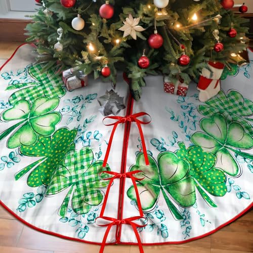 VioraWhite 36 Inch St. Patrick's Day Tree Skirt Reversible Shamrock Tree Skirt Green Clover Home Decor Love Heart Irish Double Sided Print Mat for Holiday Party Decoration