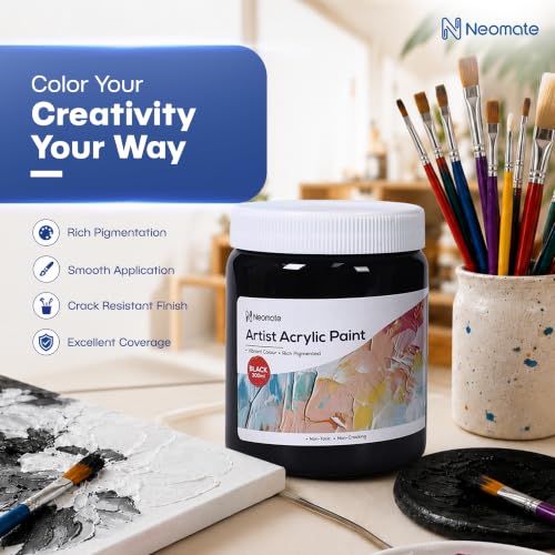 Image of Neomate Acrylic Colour Black 300ml | Art & Craft, DIY, Rich Pigment, Non-Craking Paint for Canvas, Wood, Leather, Earthenware, Metal | Ideal for school projects, Hobbyists, Artists