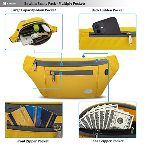 Entchin Fanny Pack For Women Men With 4-Zipper Pockets, Premium Fashion Waist Pack Crossbody Bum Bags For Hiking, Running, Travel, Cycling And Casual(Yellow) #TOP2