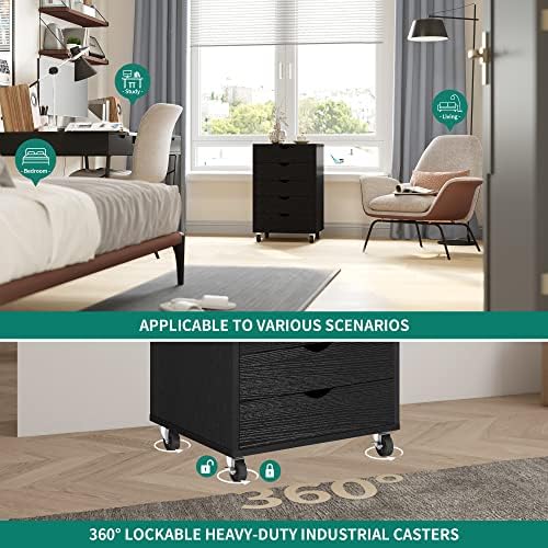 YITAHOME 5 Drawer Mobile Rolling File Cabinet, Wooden Filing Cabinet for A4, Letter Size Document, Under Desk File Storage Cabinet, for Home Office, Portable Vertical Filing Cabinet,Black