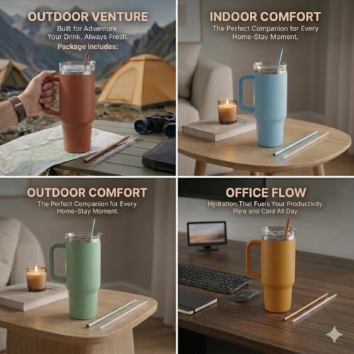 Image of Arto Stainless Steel Insulated Tumbler with Handle and Straw, 1200 ml, Leakproof Lid, Cup Holder Friendly - Multicolour (POF-1)