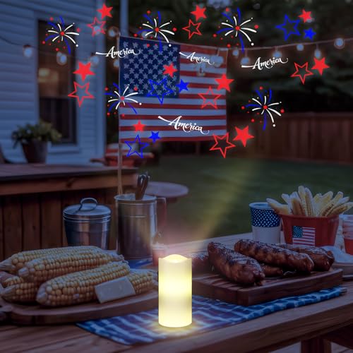 Image of 4th of July Flameless Candle Patriotic Projector Light 250th Anniversary Decoration LED Candle Battery Operated Night Light with Remote Timer Independence Day Memorial Red White Blue Table Decor