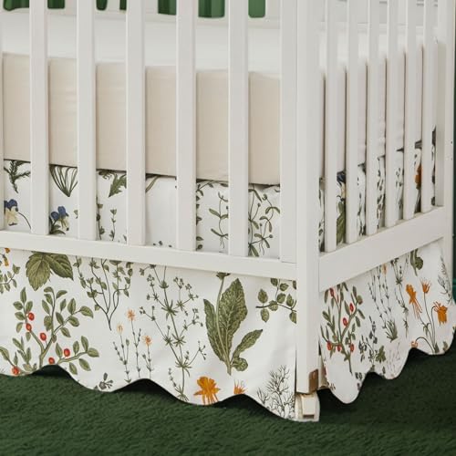 Image of Brandream Scallop Edge Cotton Crib Skirt Toddler Bedskirt Baby Nursery Crib Bed Skirt Boho Bohemian Neutral Vintage Sage Green Botanical Floral Farmhouse Chic Boho Bohemian Skirt