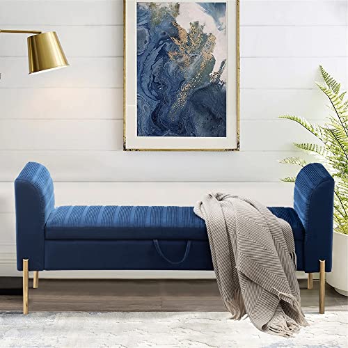 Alunaune Modern Blue Velvet Storage Bench for Bedroom End of Bed Bench Ottoman, Upholstered Armed Entryway Bench Long Settee for Living Room